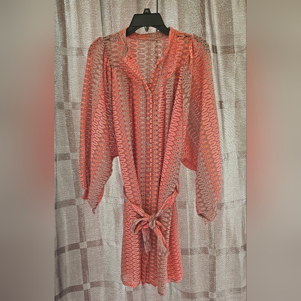 Women's Swim Cover Up With Belt, Exotic, Pink, Orange, Tan, Size 2X, NWOT